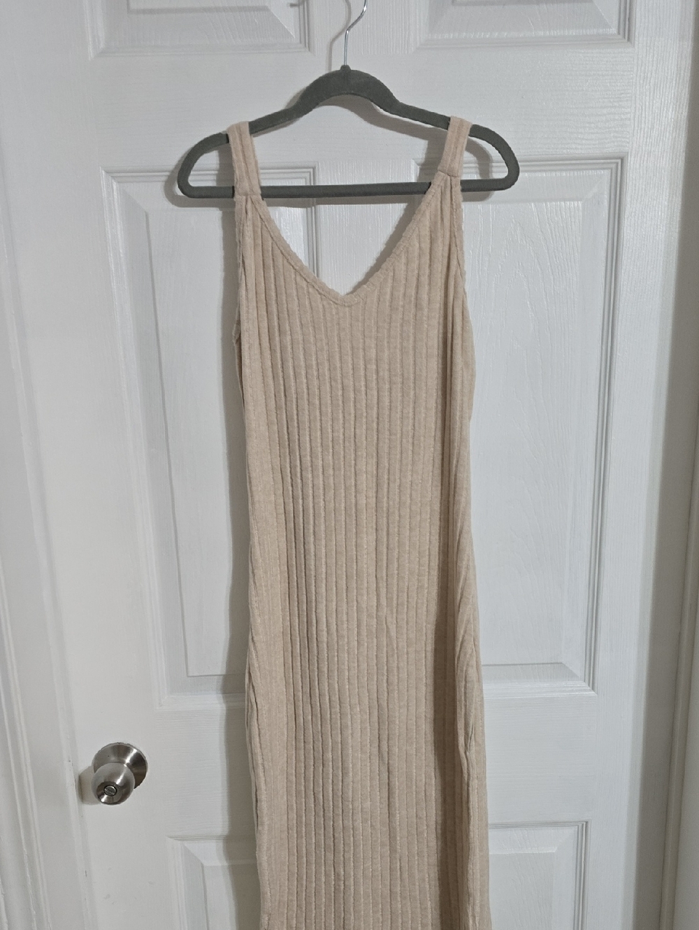 SHEIN Beige Ribbed V-Neck Maxi Slip Dress